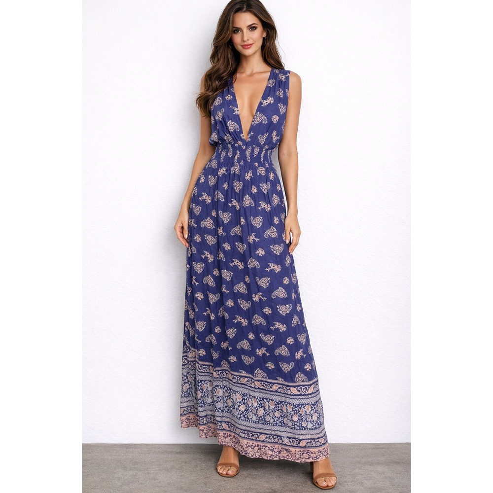 NWT Natural Life Nadia Halter Maxi Dress Women's Sz M Navy Paisley Tie Back